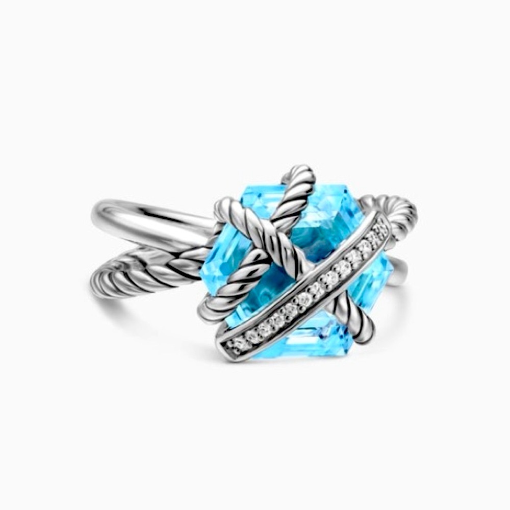 NWOT David Yurman Sterling Silver Cable Wrap Ring w/ Blue Topaz & Diamonds
